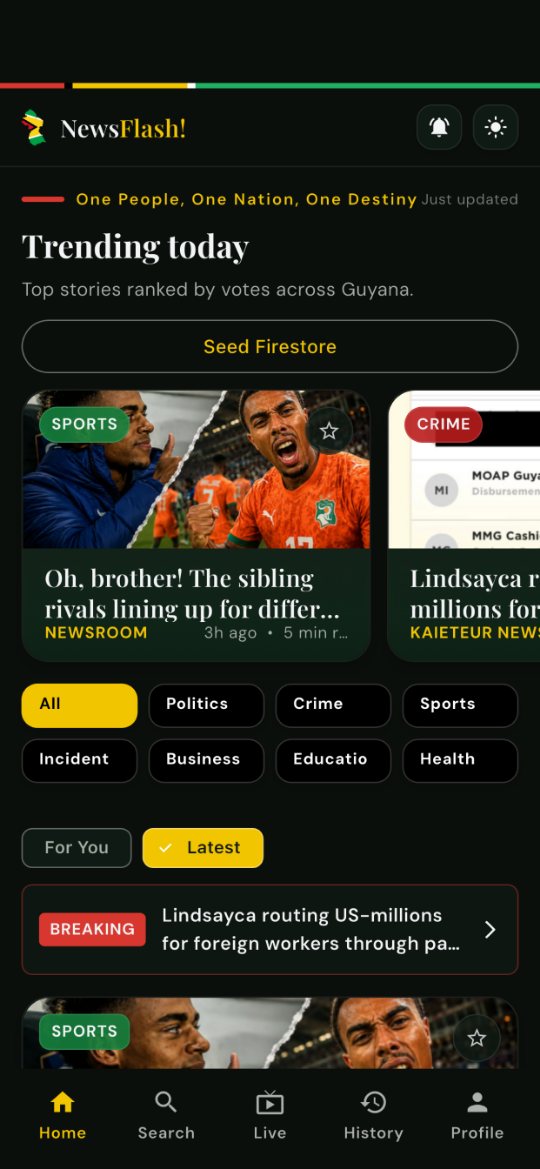 NewsFlash home feed with top Guyanese stories