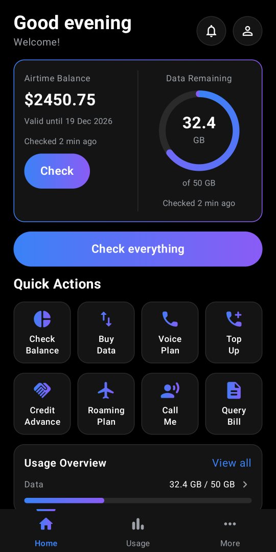 Quick Balance home screen showing airtime and data